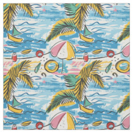 Tela Palmeras Tropicales, Velero y Sombrilla de Playa