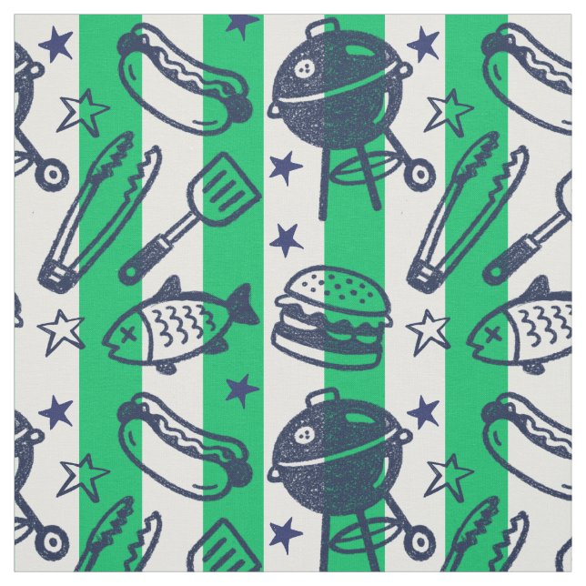 Tela Papa Preparado Parrilla Doodle Raya - Verde & Azul (Retal)