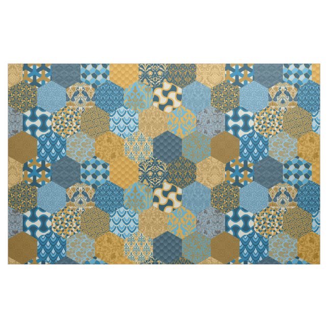 Tela Patchwork Hexagons Mustard y Navy ("Cuarto gordo" (fat quarter))
