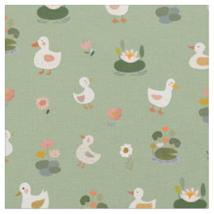Tela Patos y hojas de nenúfar en verde claro