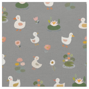 Tela Patos y hojas de nenúfar sobre gris