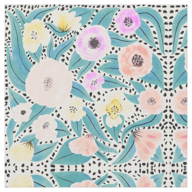 Tela Patrón acuarela de puntos de polka floral amarillo (De cerca)