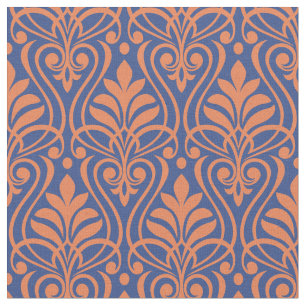 Tela Patrón Art Deco 01 - Naranja sobre azul prusiano