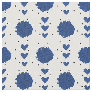 Tela Patrón azul animador Pom Poms & Hearts