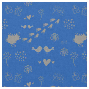 Tela patrón azul y gris de aves, puntos, pasos, f