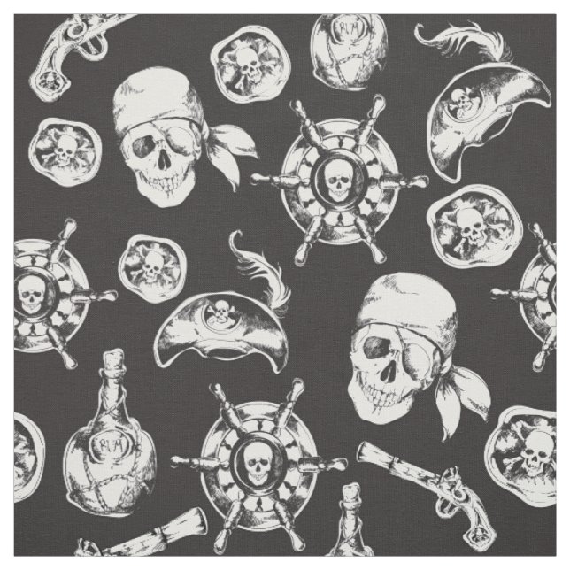 Tela Patrón blanco negro de cráneos piratas (Retal)