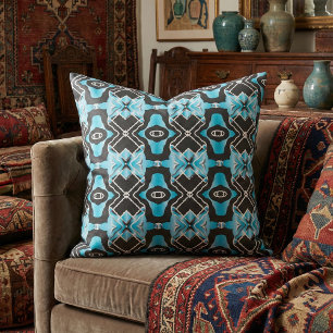 Tela Patrón blanco turquesa tribal contemporáneo