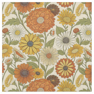 Tela Patrón boho floral de margarita amarilla naranja r