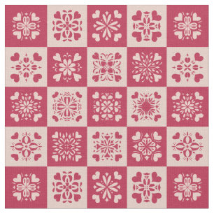 Tela Patrón cardíaco estimulado de arte folclórico rojo
