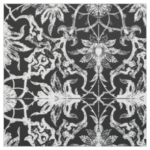 Tela Patrón chino de Art Nouveau - blanco sobre negro