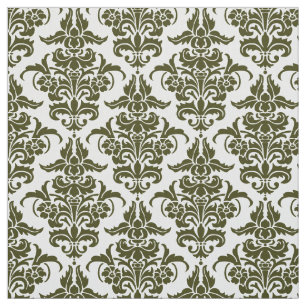 Tela Patrón Damask - Olivo oscuro en blanco
