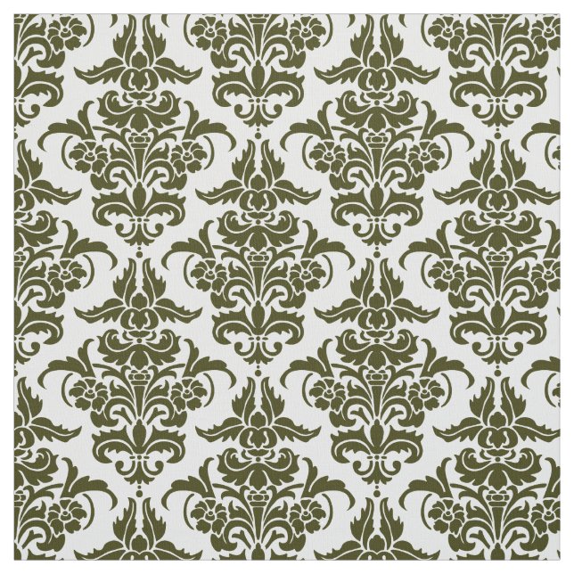 Tela Patrón Damask - Olivo oscuro en blanco (Retal)