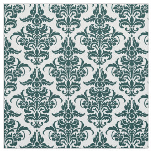Tela Patrón Damask - oscuro Moss verde sobre blanco