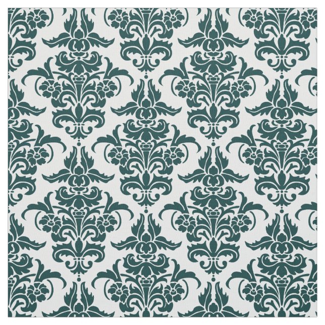 Tela Patrón Damask - oscuro Moss verde sobre blanco (Retal)