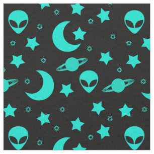 Tela Patrón de Alien Turquesa con Estrellas y Lunas