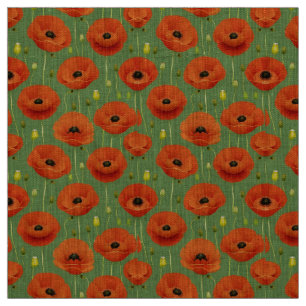 Tela Patrón de amapolas rojas vibrantes sobre fondo ver