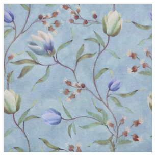 Tela Patrón de anémones de tulipanes azules y blancos