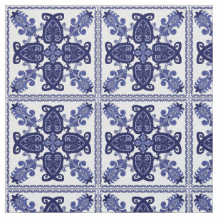 Tela Patrón de azulejos azules y blancos