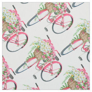 Tela Patrón de bicicleta rosa de la cesta de margarita
