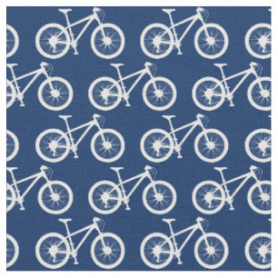 Tela Patrón de bicicletas blancas en azul marino