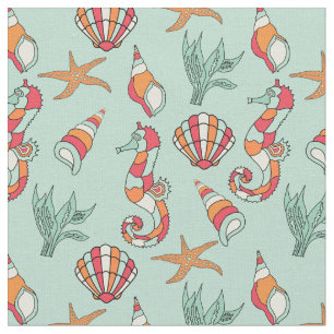 Tela Patrón de caballitos de mar Verde azulado