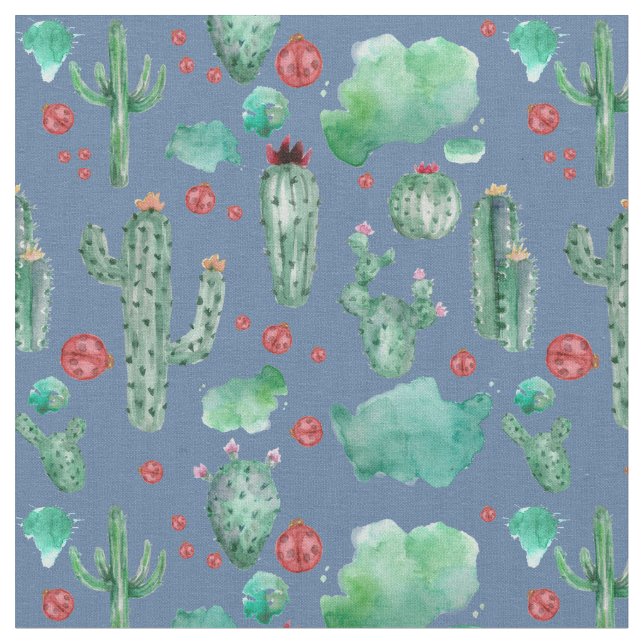 Tela patrón de cactus y ladybug - fondo azul (De cerca)