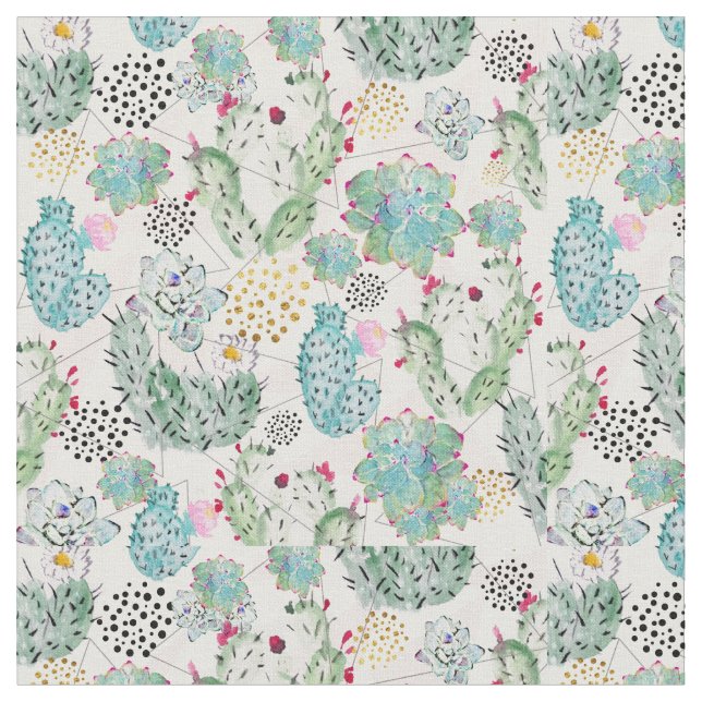 Tela patrón de cactus y triángulos de acuarela (De cerca)