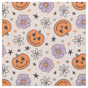 Tela Patrón de calabazas y flores divertidas de Hallowe