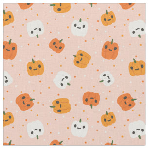Tela Patrón de caras de calabaza kawaii