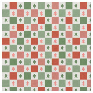 Tela Patrón de cheques de árbol de navidad verde rojo