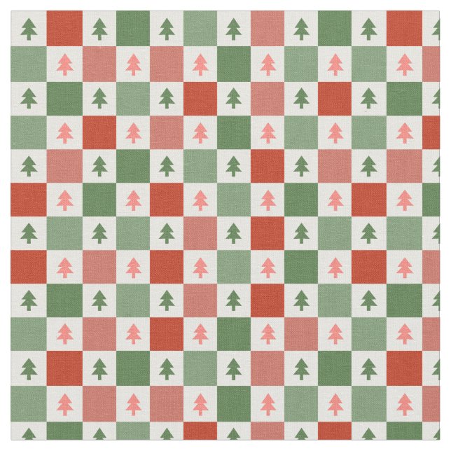 Tela Patrón de cheques de árbol de navidad verde rojo (De cerca)