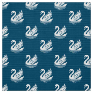 Tela Patrón de cisne - Blanco en azul oceánico