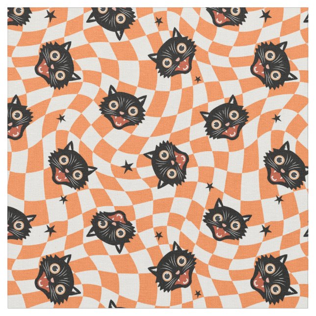 Tela Patrón de comprobación de Naranja de gato negro re (De cerca)