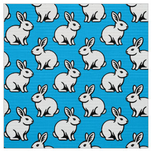 Tela Patrón de conejos - Blanco y negro con azul cielo