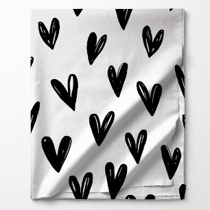 Tela Patrón de corazones garabateados en blanco y negro