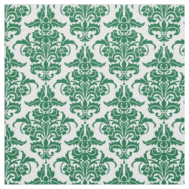 Tela Patrón de Damasco - Verde del bosque sobre blanco (Retal)