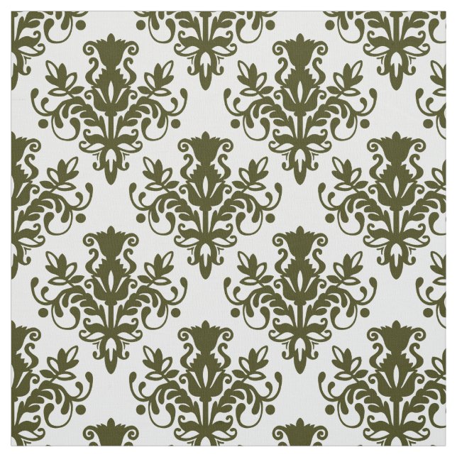 Tela Patrón de Damask 02 - Olivo oscuro en blanco (Retal)