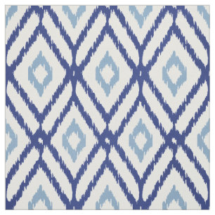 Tela Patrón de diamantes tribales de ikat azul y blanc