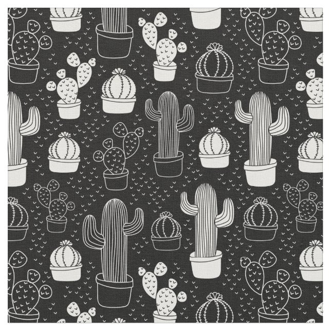Tela Patrón de doodle de cactus en blanco y negro (De cerca)