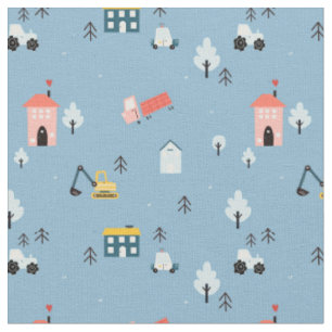Tela Patrón de escena de pueblo de Doodle Cute