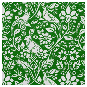 Tela Patrón de faisán y liebre, verde esmeralda y blanc
