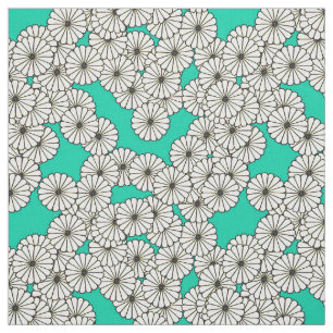 Tela Patrón de flores Art Decó - blanco sobre turquesa