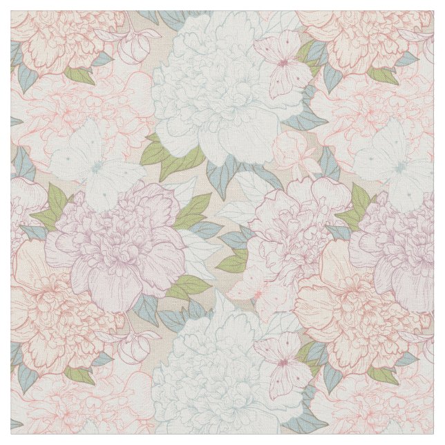 Tela Patrón de flores de peones y mariposas Pastel (De cerca)