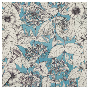 Tela Patrón de flores gráficas en blanco azul