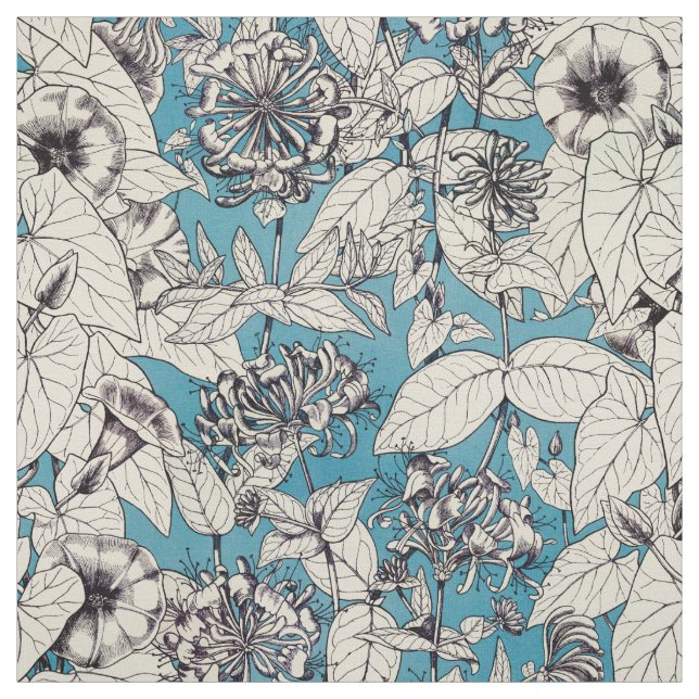 Tela Patrón de flores gráficas en blanco azul (Retal)
