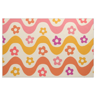 Tela Patrón de flores groovy lindas en ondas retro