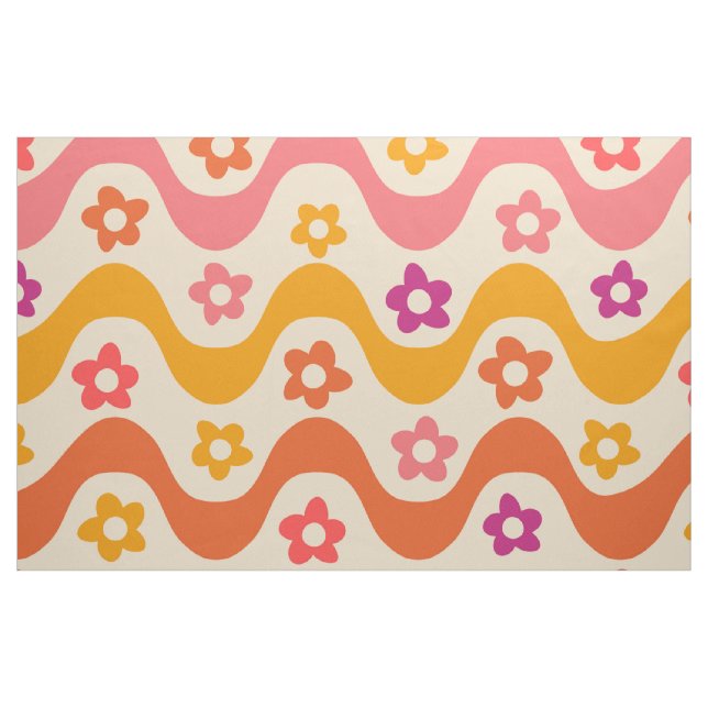 Tela Patrón de flores groovy lindas en ondas retro ("Cuarto gordo" (fat quarter))