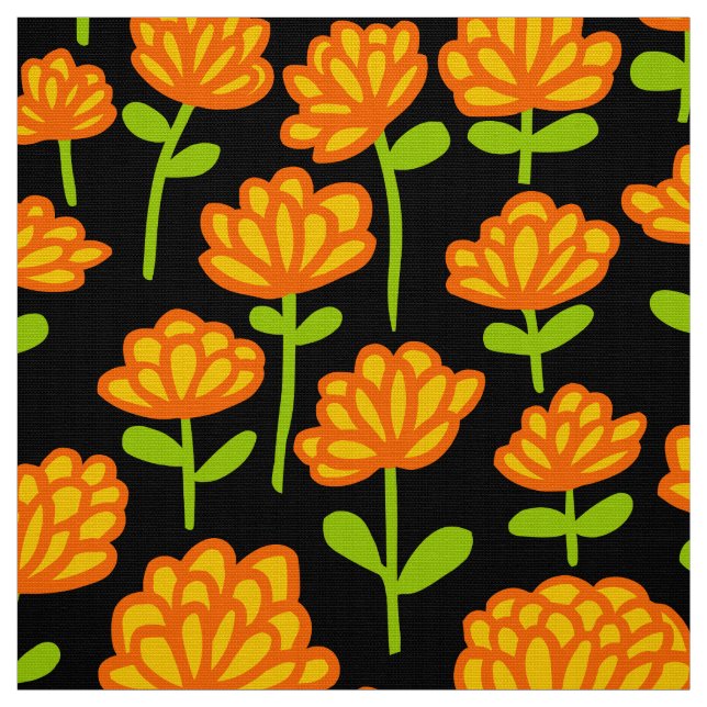 Tela Patrón de flores naranja 240515 - en negro (Retal)