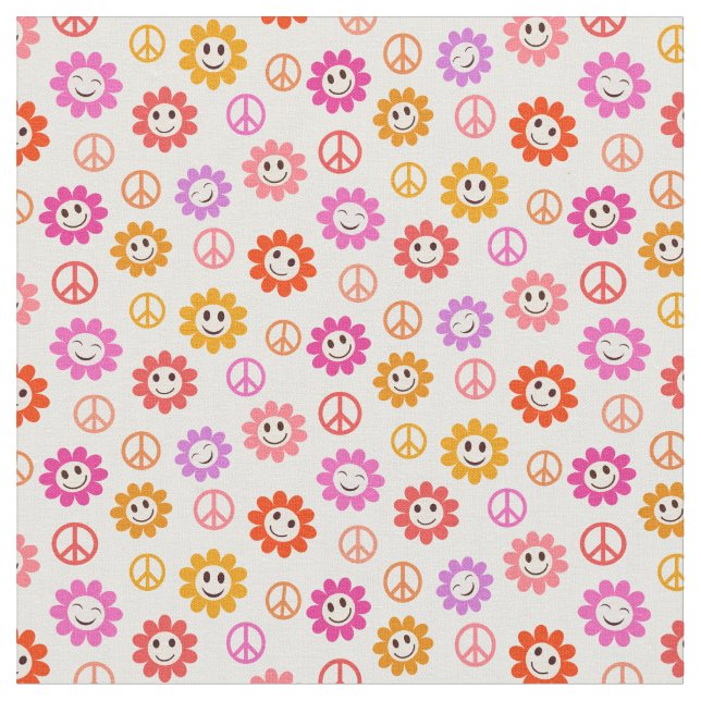 Tela Patrón de flores sonrientes felices con signos de  (De cerca)