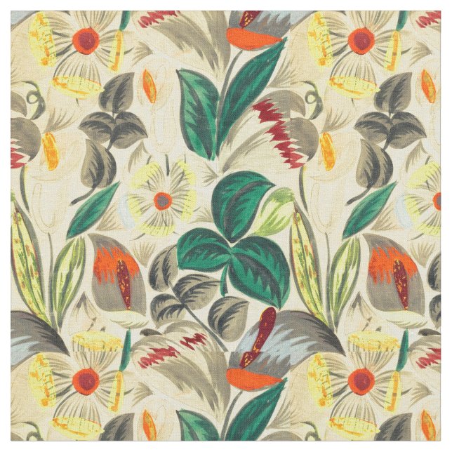 Tela Patrón de Flores Tropicales de Art Déco de Francia (De cerca)